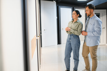 Couple examines ceramic tiles and plumbing fixtures, making decisions for home renovation in a modern store environmentの写真素材