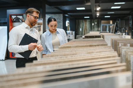 Female customer and male seller discussing ceramic tile selections in a contemporary plumbing and tile store, focusing on design choicesの写真素材