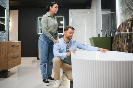Young couple selecting a new bathtub in a bathroom furniture store, examining its design and featuresの写真素材