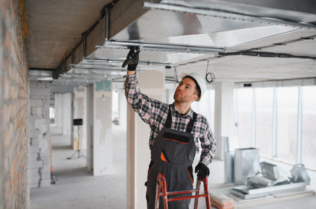 Professional builder installing an air conditioning system with tools on a busy construction site, ensuring optimal ventilation and comfortの写真素材