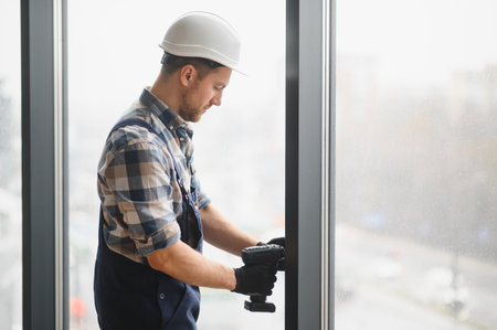Professional builder wearing safety helmet and using cordless drill to install a window frame in a...