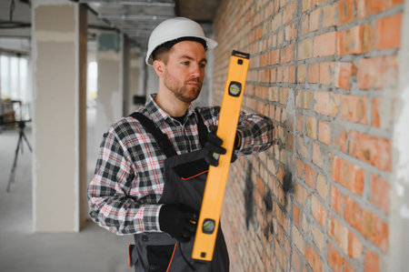 Builder checking verticality of brick wall using spirit level during building construction or house renovationの写真素材