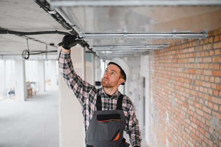 Electrician working on ventilation and air conditioning system installation on a construction site