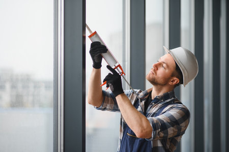 Construction worker wearing safety helmet and gloves, using silicone sealant for window installation in a building under constructionの写真素材