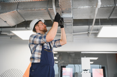 Hvac technician wearing safety helmet and overall installing an air conditioning ventilation system in a modern office buildingの写真素材