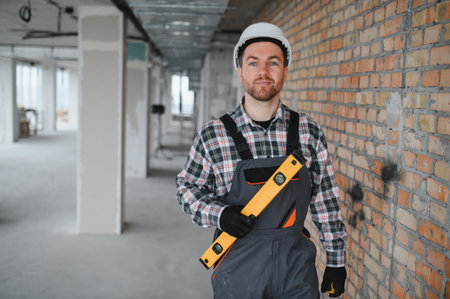 Construction worker wearing a helmet and holding a spirit level, inspecting an unfinished building...