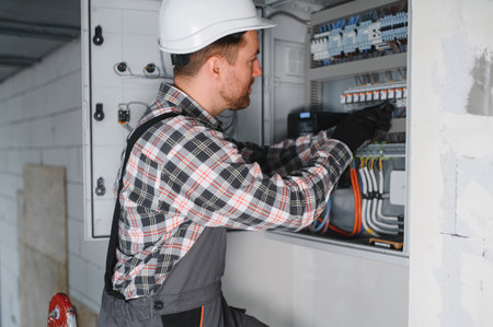 Electrician working on an electrical panel, ensuring safety and functionality in building's power systemの写真素材