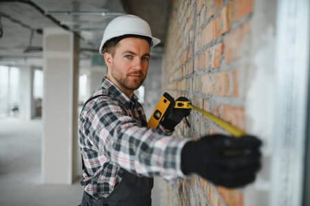 Builder wearing helmet and gloves using tape measure and spirit level while working on brick wall at...