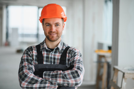 Portrait of a smiling construction worker wearing an orange helmet and overalls, standing with arms...