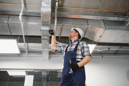 Hvac technician checking ventilation system during construction or repair in commercial building