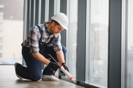 Construction worker applying sealant to window frames in a modern building, ensuring airtight...
