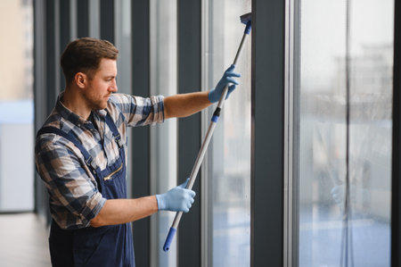 Cleaning service worker wearing blue gloves using a telescopic squeegee to wash windows in a modern...