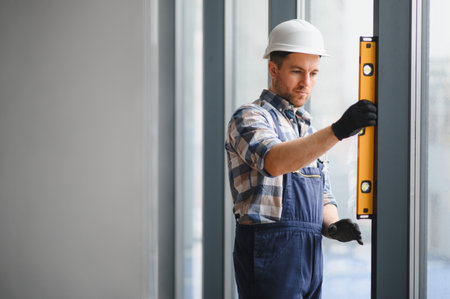 Builder using spirit level ensuring precise window installation during building construction or...