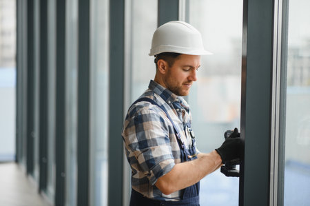 Skilled worker installing windows in a modern building, ensuring precise measurements and secure...