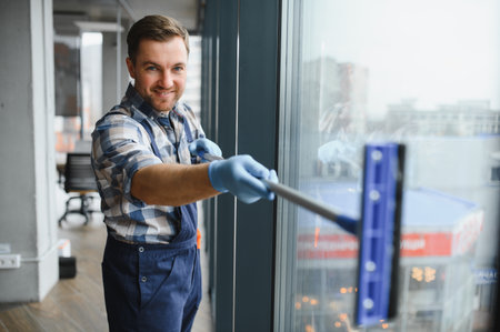 Cleaning service employee uses a squeegee to wash windows in an office building, ensuring a spotless...