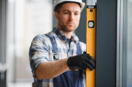Builder using spirit level ensuring precise vertical alignment during window installation,...