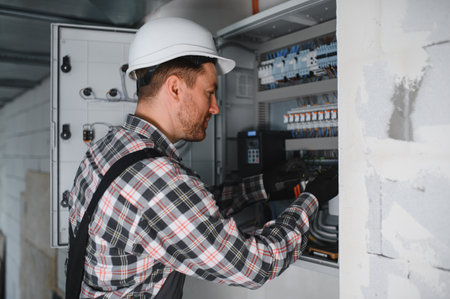 Electrician working on an electrical panel, wearing a safety helmet and using tools, performing...