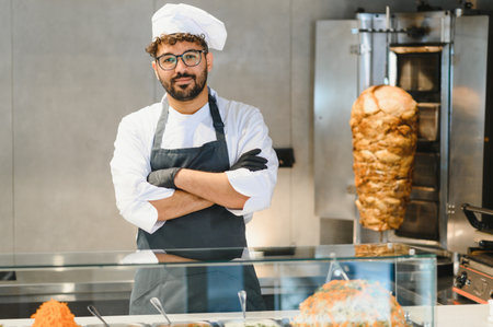 Professional chef posing with arms crossed, showcasing shawarma and fresh ingredients, highlighting...