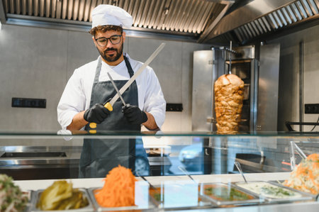 Cook sharpening knives while getting ready to prepare a shawarma or kebab in a fast food restaurant...