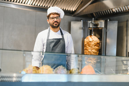 Middle eastern chef skillfully preparing mouthwatering shawarma in a vibrant, modern street food...