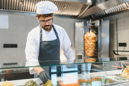 Cook wearing black gloves arranging ingredients in metal containers, getting ready to prepare a...