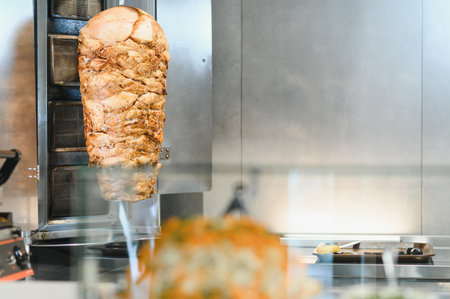 Delicious shawarma meat rotating on a vertical spit roaster, ready to be served in a street food...