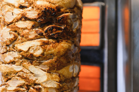 Tasty chicken shawarma rotating on a spit and roasting in a grill, ready to be served as street foodの写真素材
