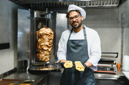 Cook wearing black gloves and apron holding two shawarmas in a fast food restaurant next to a rotating doner kebabの写真素材
