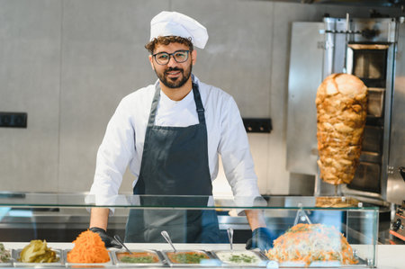 Middle eastern chef wearing a toque and apron preparing shawarma and other dishes in a commercial kitchenの写真素材