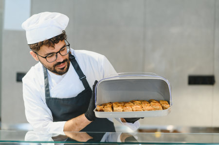 Professional cook wearing black gloves and a uniform, holding a tray of freshly baked baklava in an oriental restaurant kitchenの写真素材