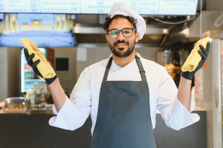 Smiling chef showing two delicious shawarmas, offering traditional oriental cuisine in his fast food...