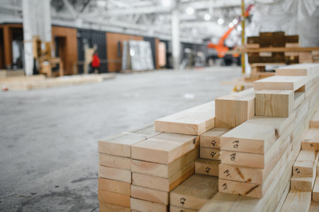 Lumber beams stacked neatly in a busy workshop, preparing for modular house construction while workers skillfully assemble building materialsの写真素材