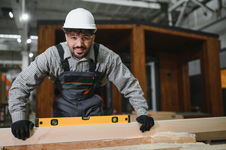 Carpenter checking wooden plank levelness with spirit level in prefabricated house construction...