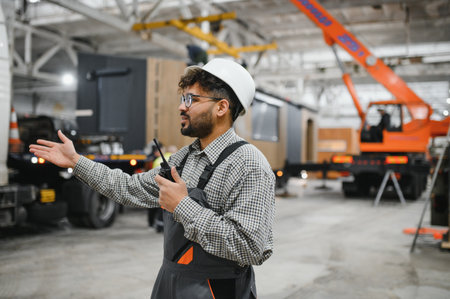 Arab engineer wearing safety helmet and holding walkie talkie coordinating operations in a modular...