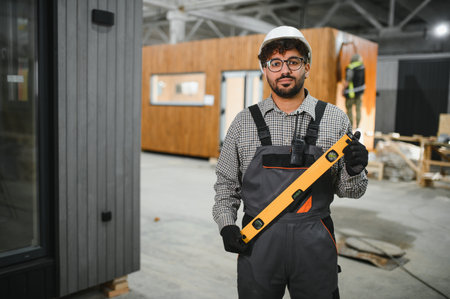 Skilled construction worker in hardhat and overalls holding a spirit level, ensuring quality control...