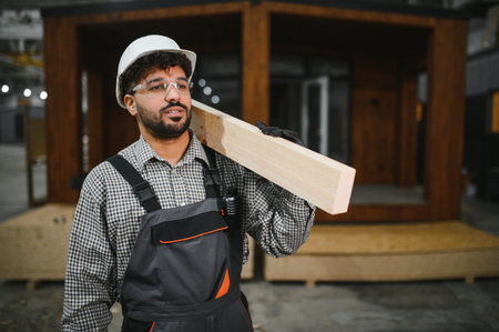 Arab construction worker carrying wooden plank on shoulder, working in prefabricated house factory