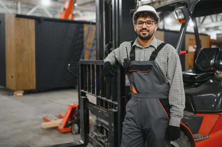 Arab forklift operator in overalls and hardhat leans on his machine in a modular house factoryの写真素材