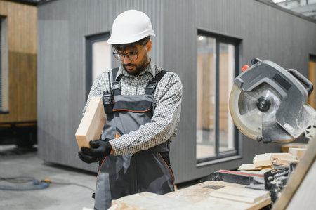 Carpenter meticulously inspecting wooden plank, ensuring quality in prefabricated modular house...