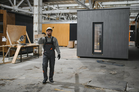 Arab construction worker walking in a modular house production workshop, inspecting prefabricated...