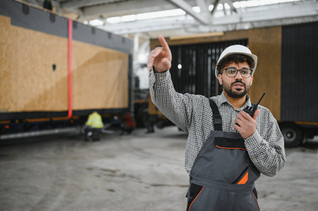 Arab engineer using walkie talkie and pointing finger while supervising modular house production in...