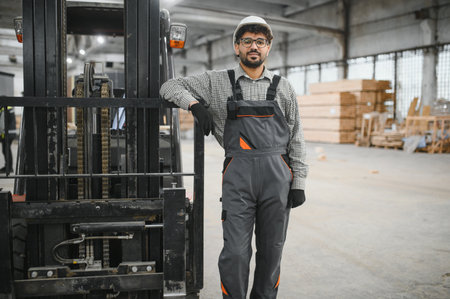 Confident arab warehouse worker in overalls and hardhat leaning on a forklift in a modular house production facilityの写真素材