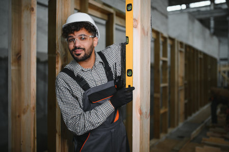 Arab construction worker checking verticality of wooden beam using spirit level in prefabricated...