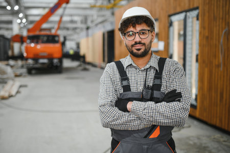 Arab construction worker wearing safety helmet and gloves smiles with crossed arms in a...