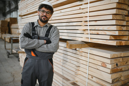 Confident arab carpenter wearing safety helmet and work overalls posing with crossed arms in a lumber warehouse, wood processing industry environmentの写真素材
