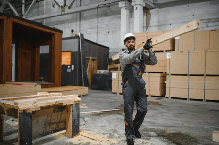 Carpenter wearing safety helmet and gloves carrying wooden plank in a modular house construction...