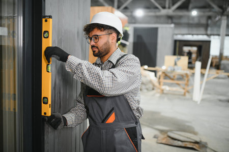 Focused construction worker using spirit level, ensuring precise vertical alignment of modular wall panel in prefabricated house workshopの写真素材