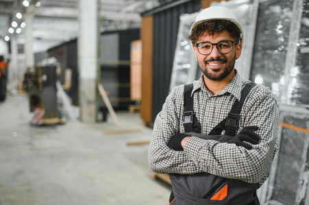 Portrait of a confident Arab construction worker smiling with crossed arms in a modular house...