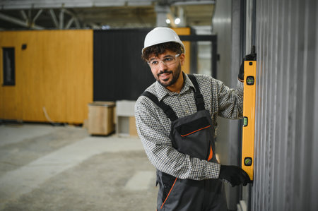 Arab construction worker using a spirit level ensuring vertical alignment of wall panel during...