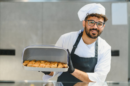 Professional chef presenting freshly baked baklava pastries, showcasing expertise in middle eastern...