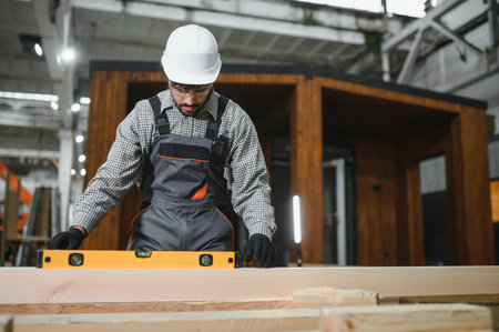 Focused construction worker checking wooden beam levelness with spirit level, working on modular...
